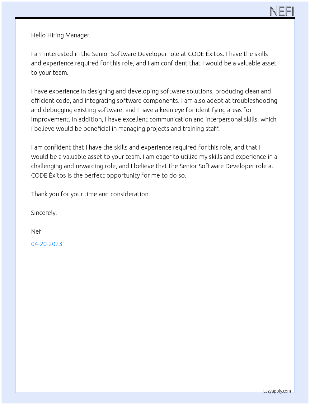 Senior Software Developer At CODE Éxitos Cover Letter