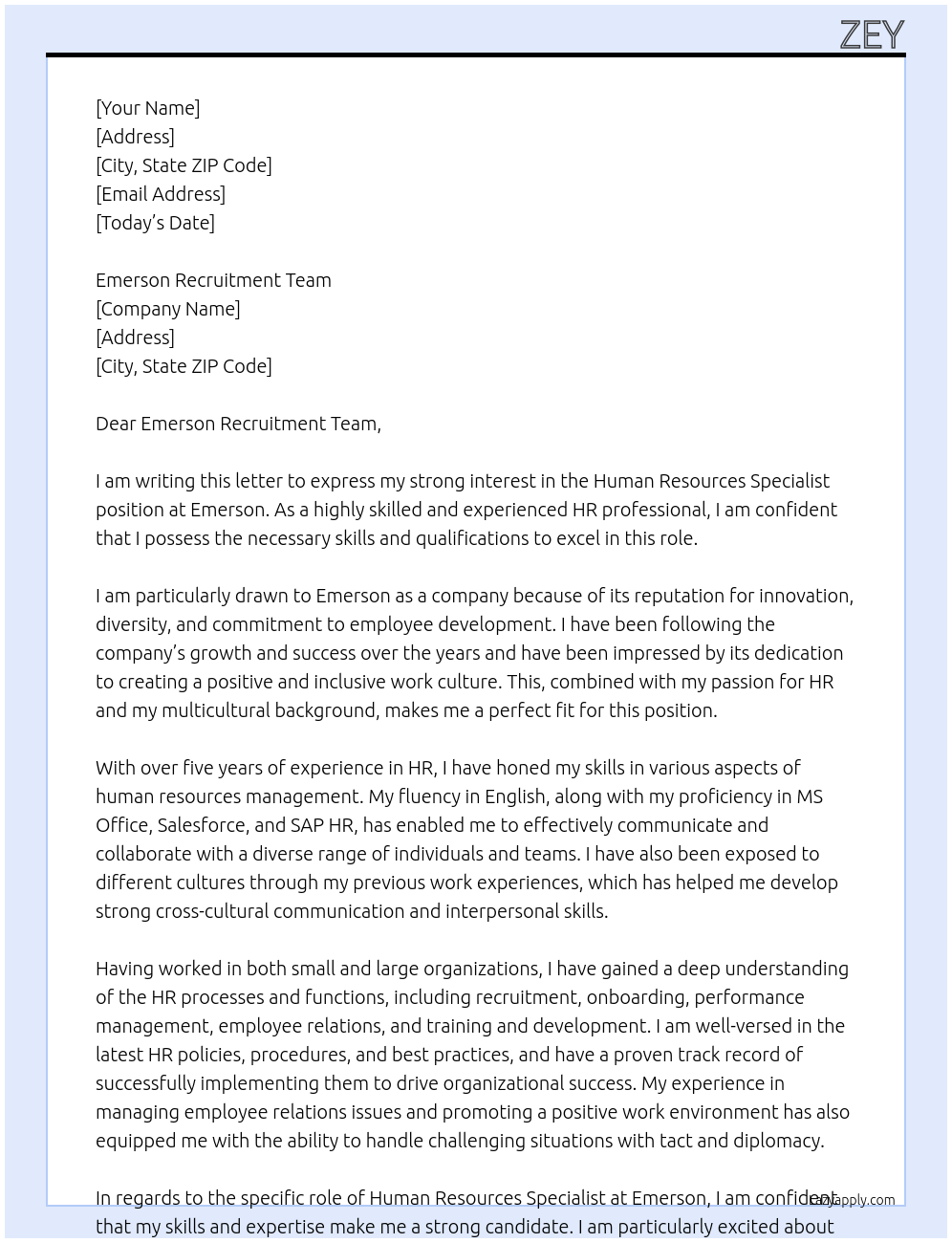 Human Resources Specialist At emerson Cover Letter