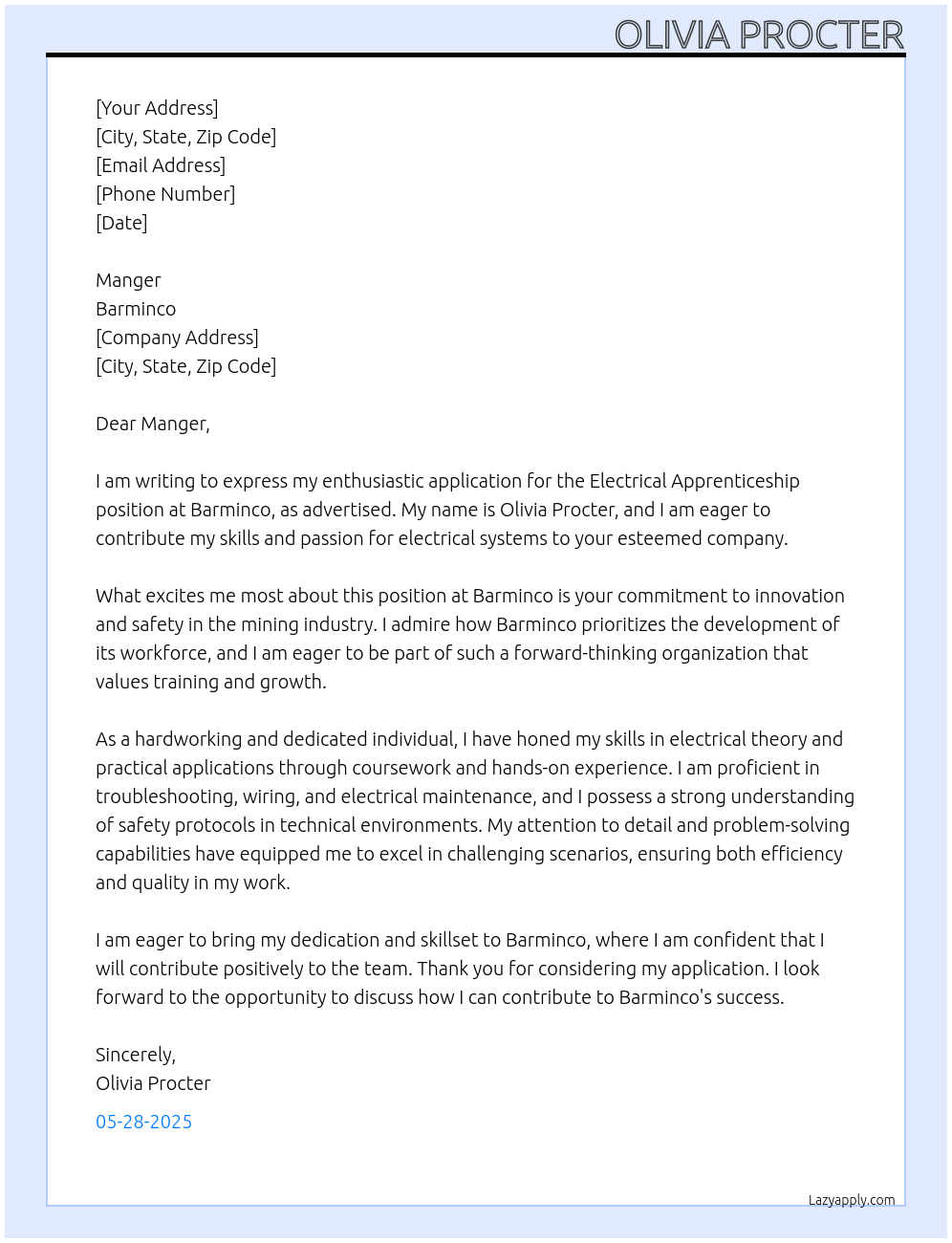 electrical apprenticeship At barminco Cover Letter