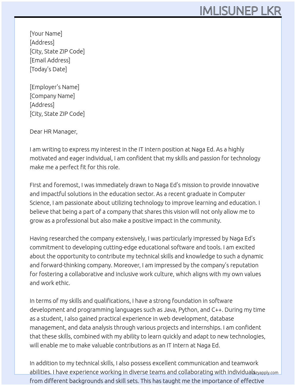 IT Intern At Naga Ed Cover Letter