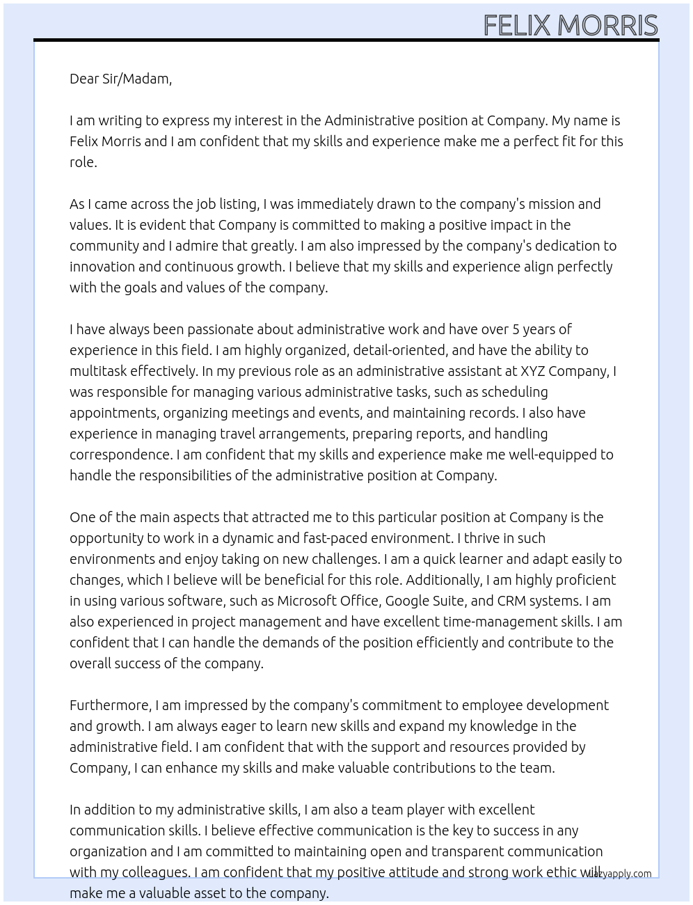 Administrative At company Cover Letter