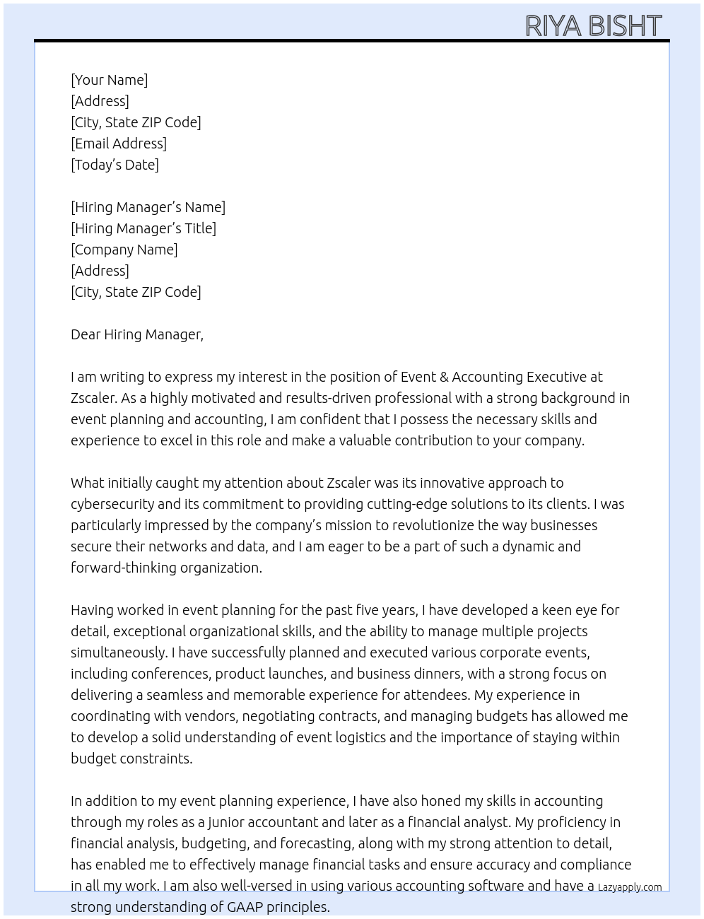 Event & Accounting Executive  At Zscaler  Cover Letter