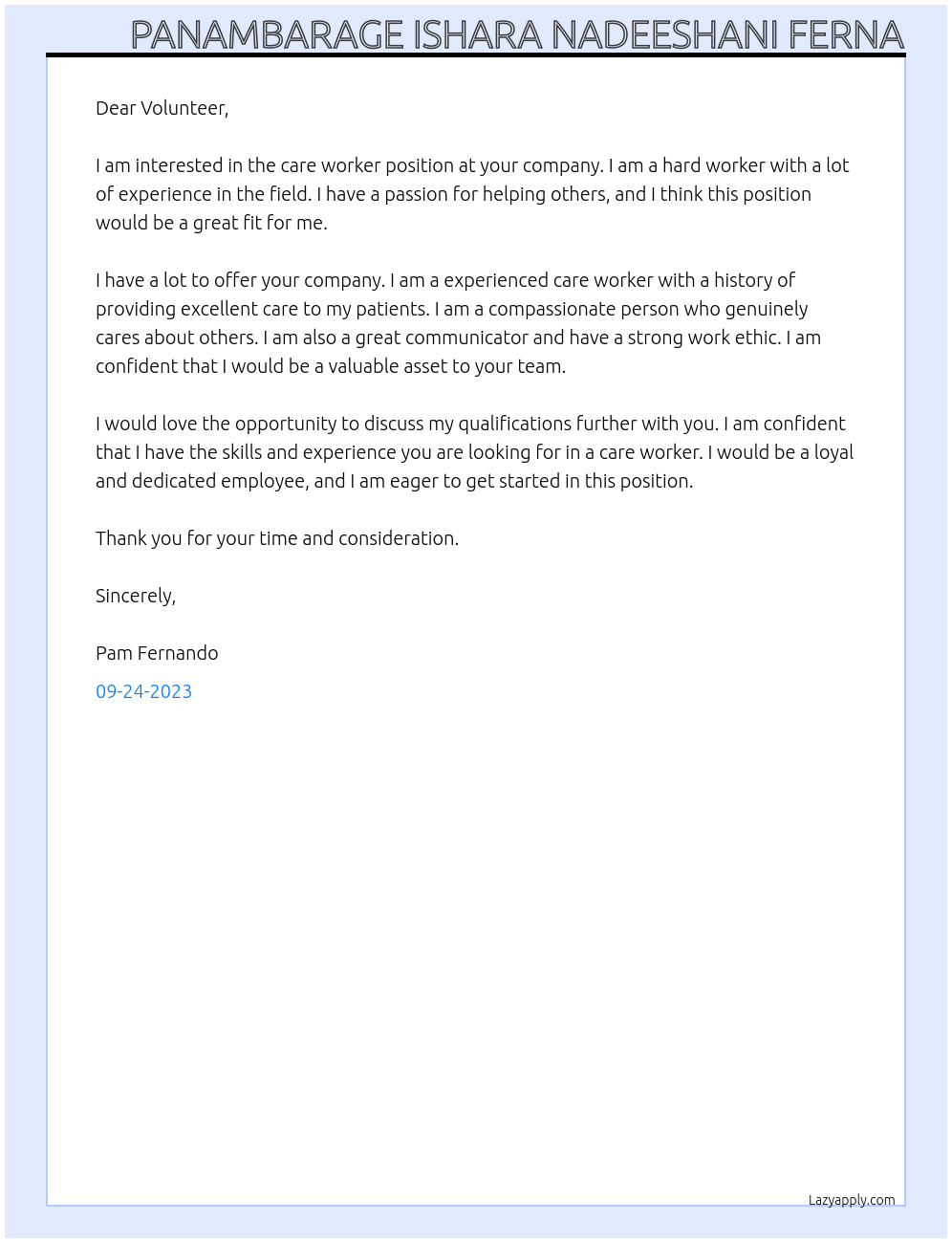 care worker At volunteer Cover Letter