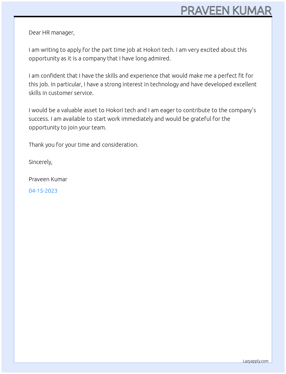 part time job At Hokori tech Cover Letter