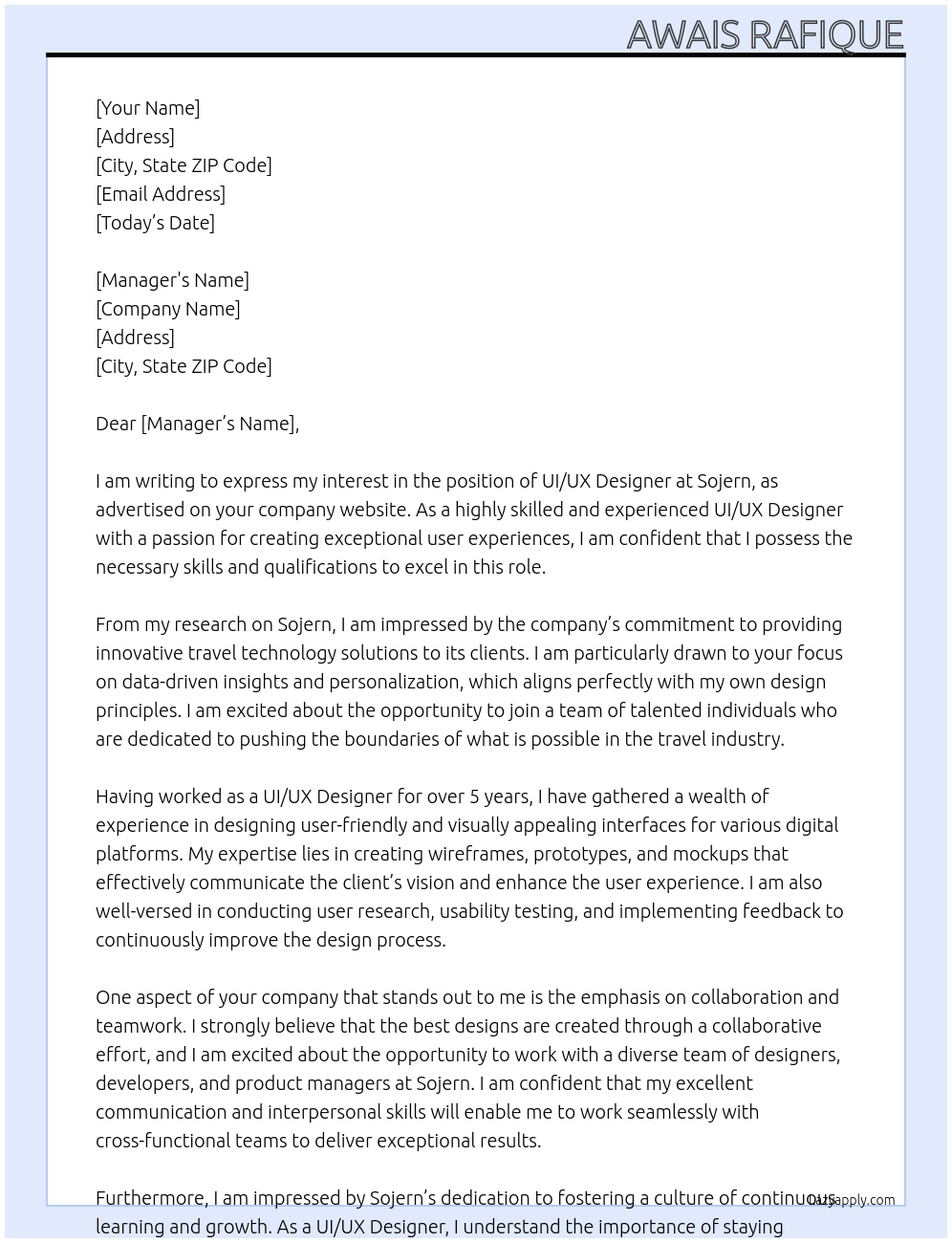 UI/UX Designer At Sojern Cover Letter