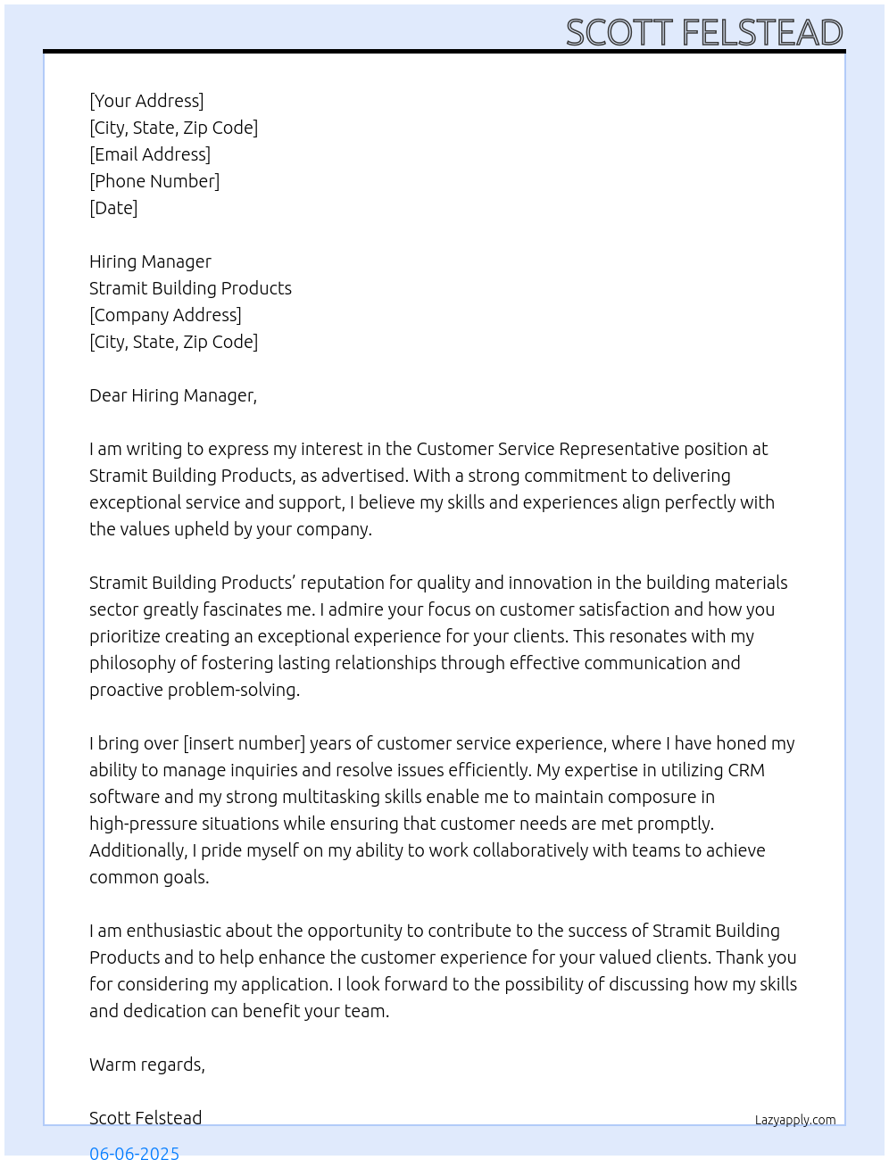 Customer Service Representative At Stramit Building Products Cover Letter