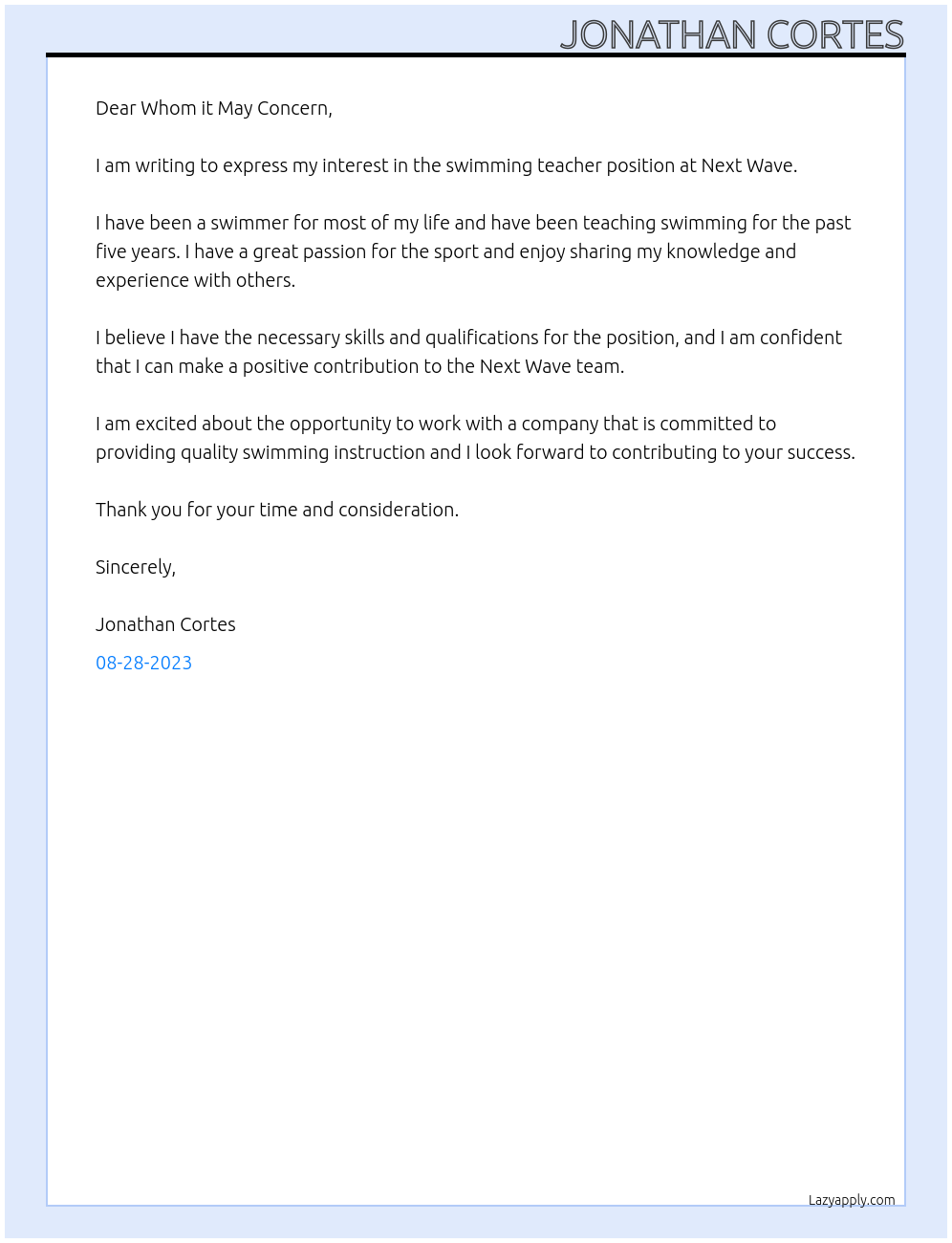 Swimming teacher At Next wave Cover Letter