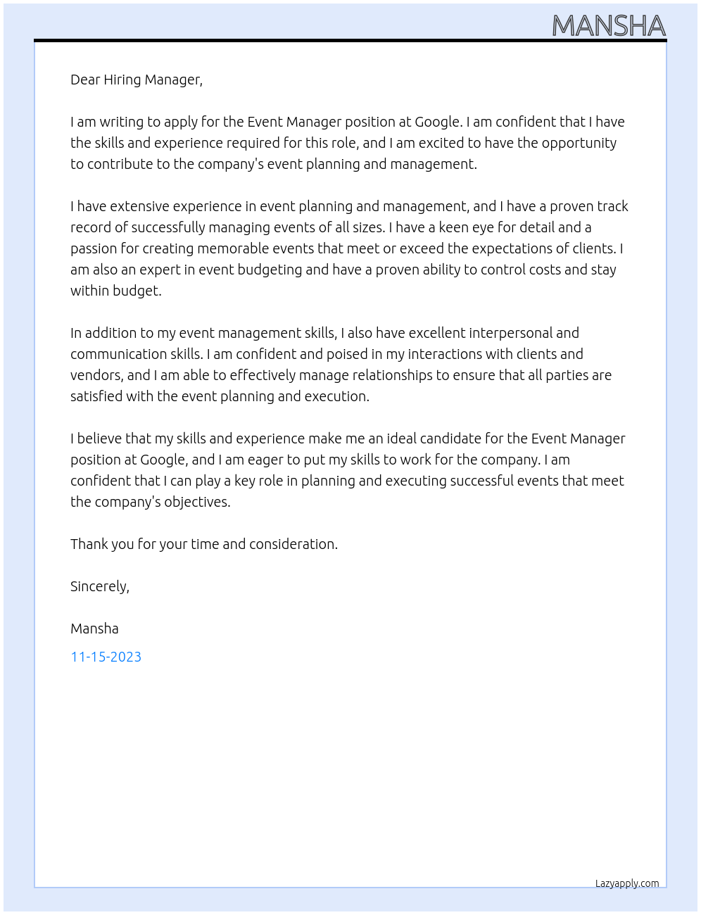 Event manager At Google Cover Letter