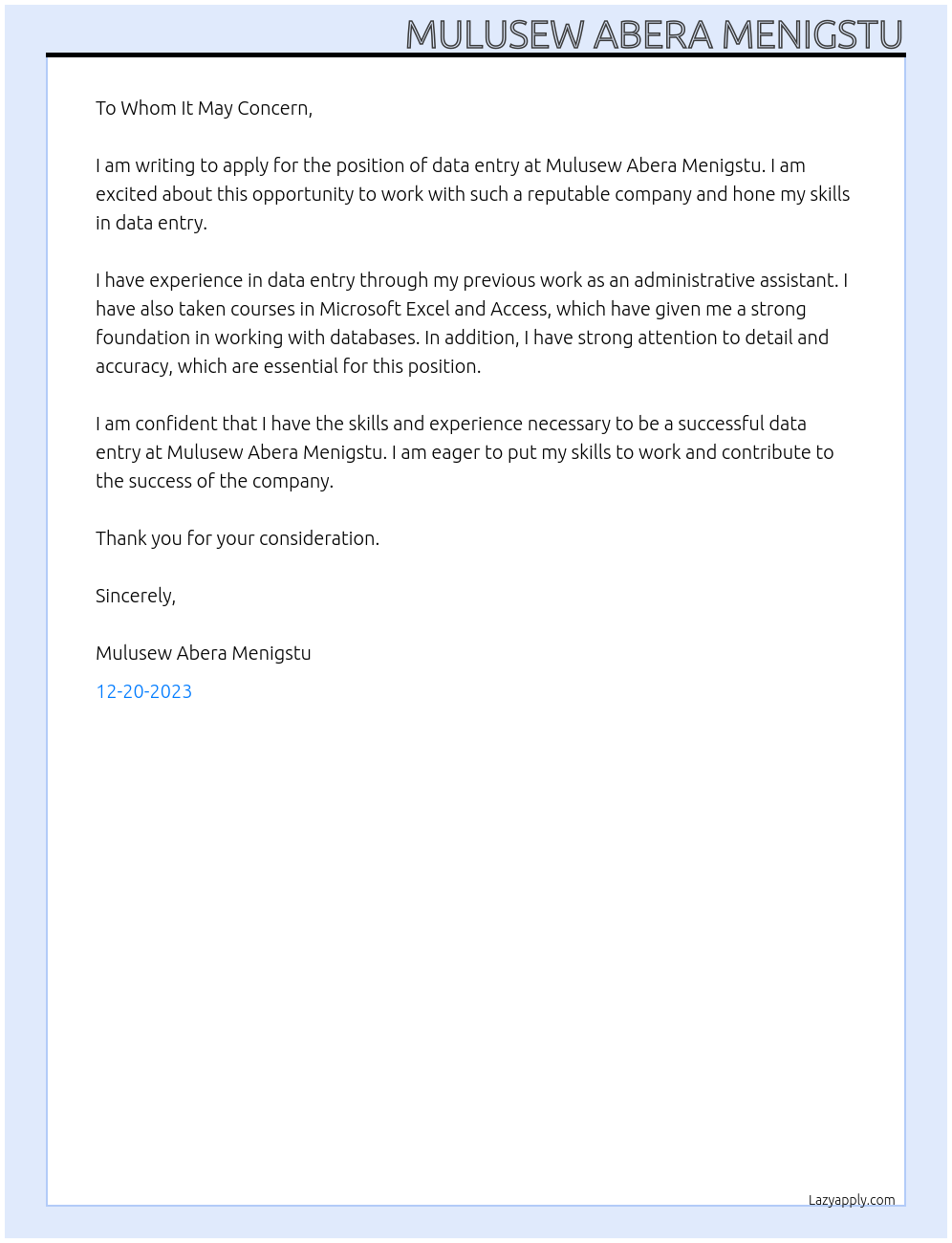 data entery At Mulusew Abera Menigstu Cover Letter
