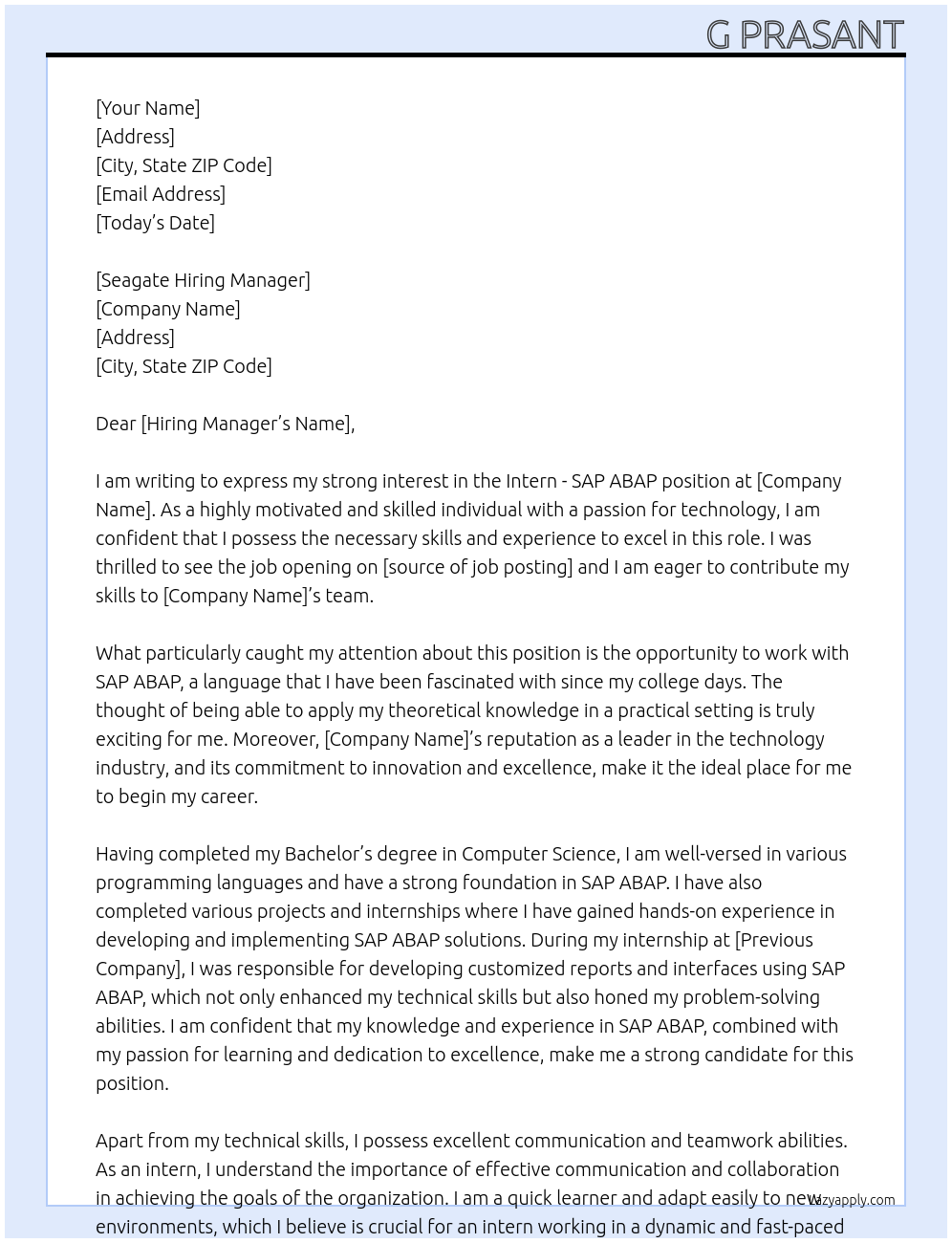 Cover letter for intern - sap abap - LazyApply