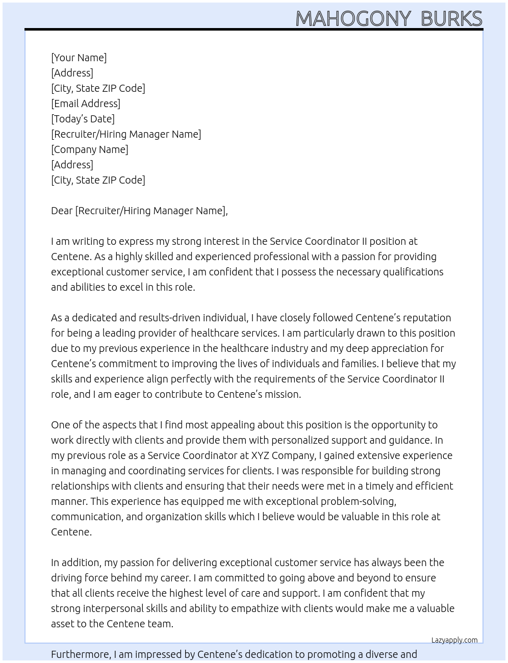 service cordinator II At Centene Cover Letter