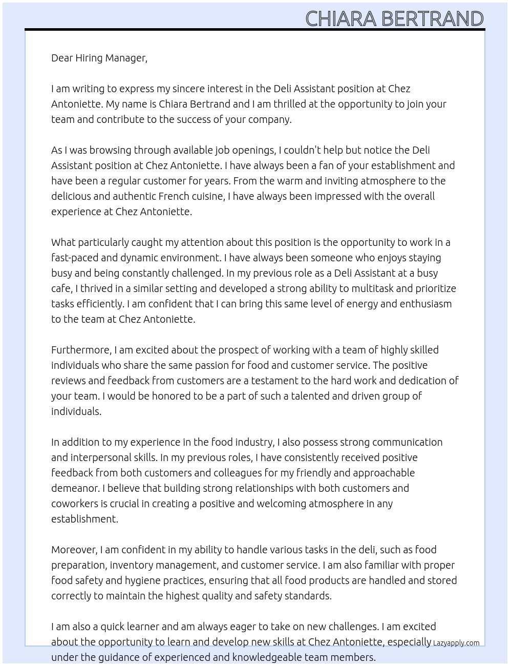 Deli Assistant At Chez Antoniette Cover Letter