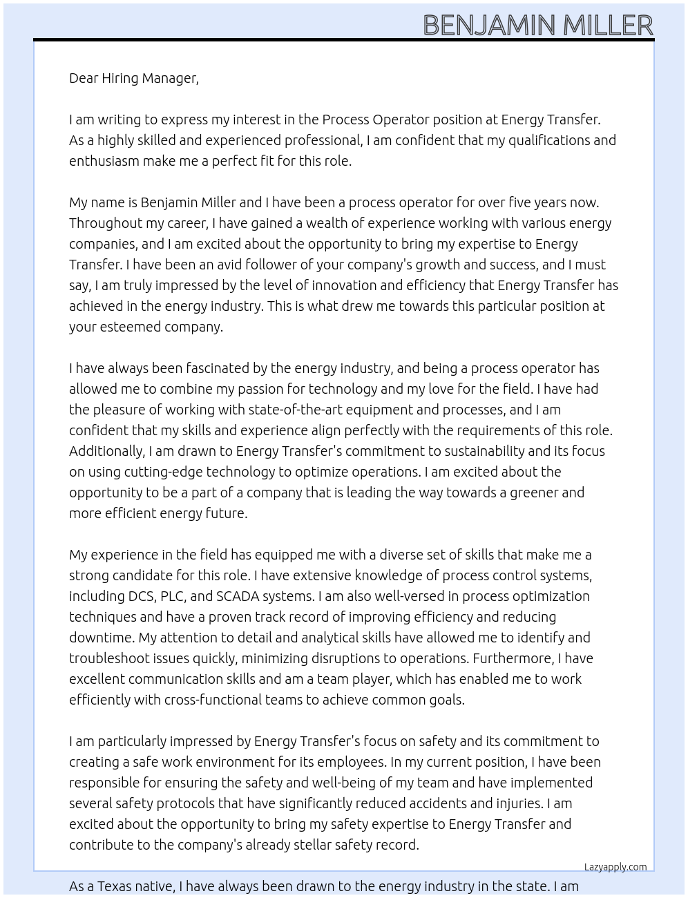 Process operator At Energy transfer Cover Letter