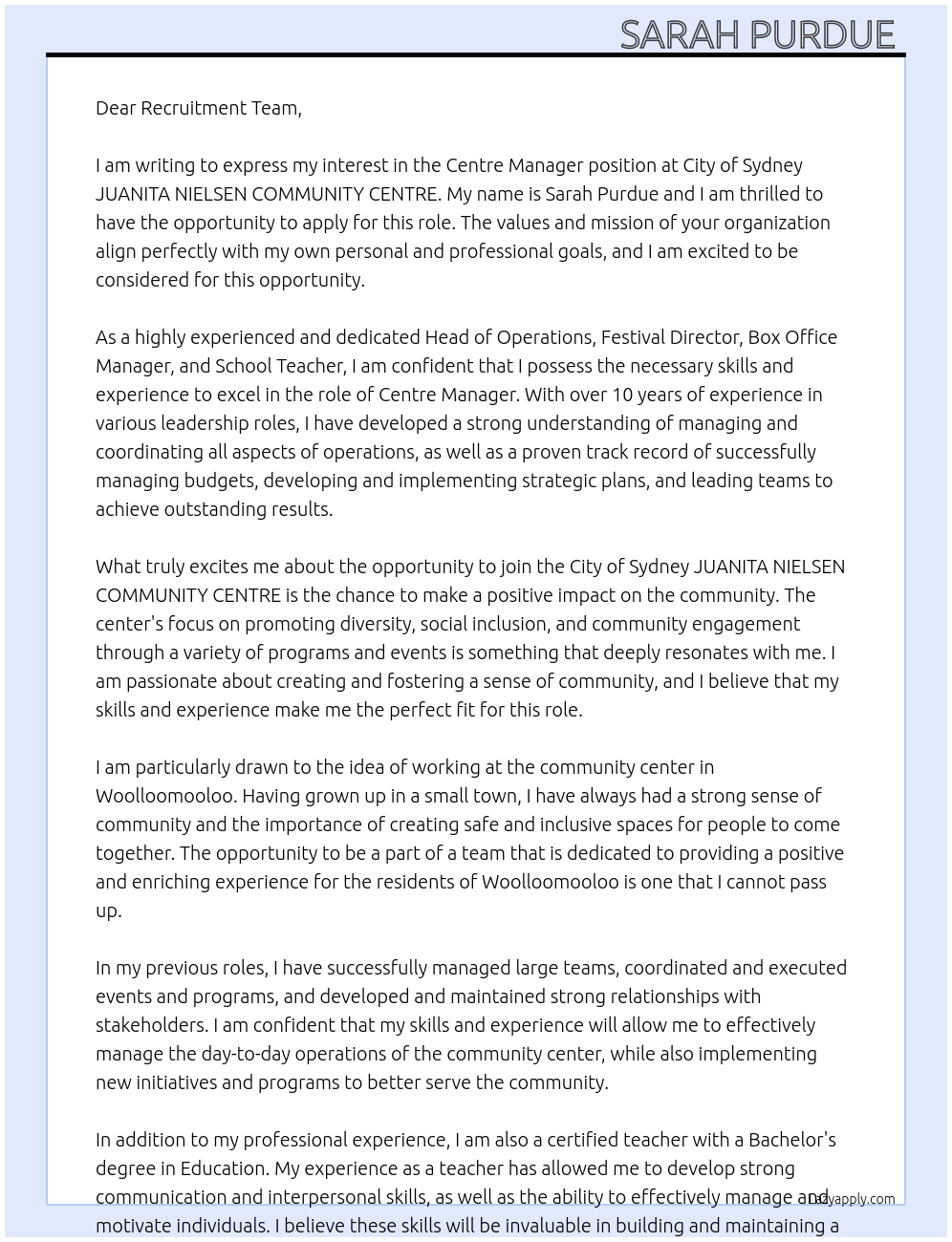 Centre Manager At City of Sydney JUANITA NIELSEN COMMUNITY CENTRE Cover Letter