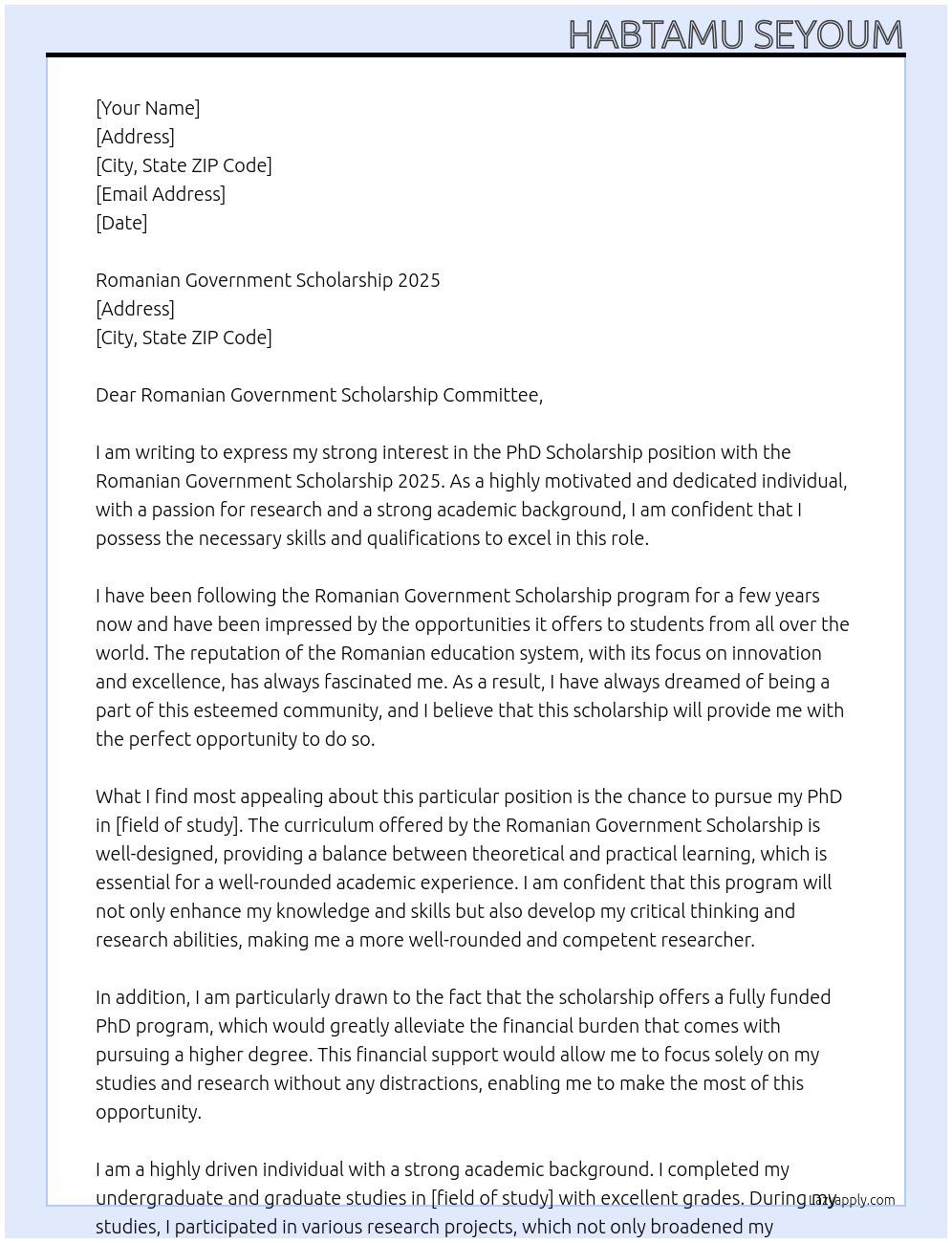 PhD Scholarship At Romanian government scholarship 2025 Cover Letter