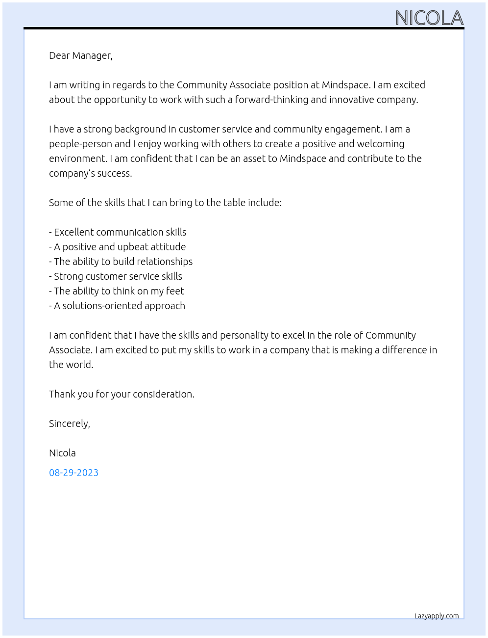 Community Associate At Mindspace Cover Letter