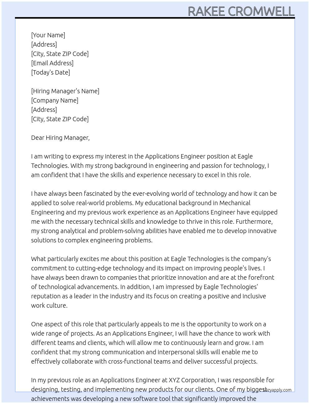 Applications Engineer At Eagle Technologies Cover Letter