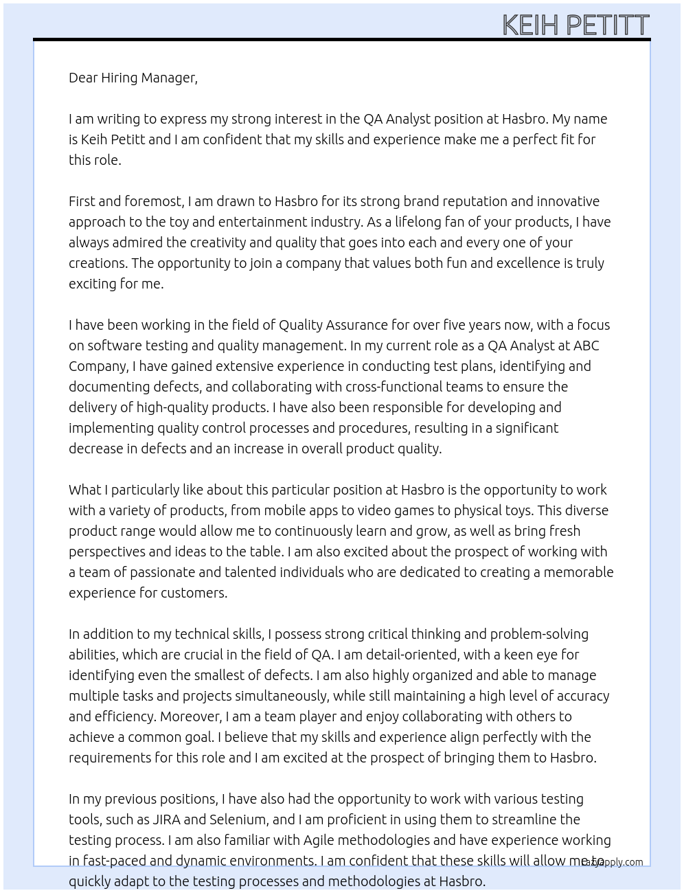 QA Analyst At Hasbro Cover Letter
