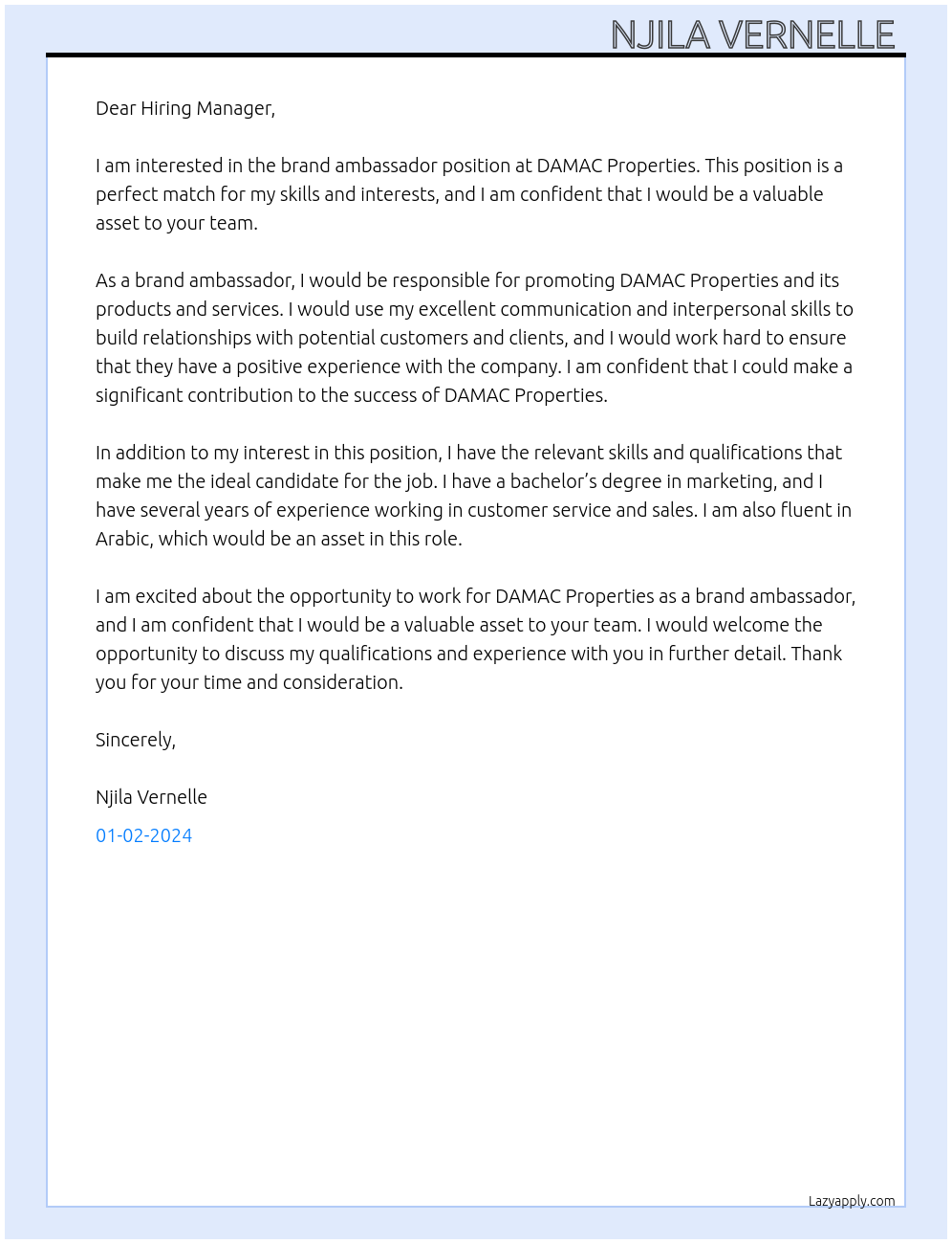 Brand ambassador  At DAMAC properties  Cover Letter