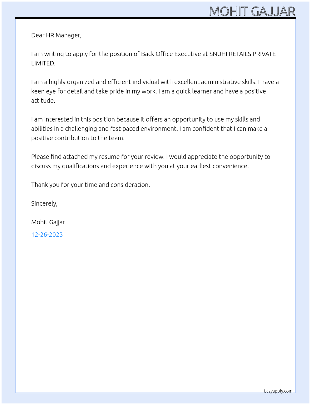 BACK OFFICE EXECUTIVE At SNUHI RETAILS PRIVATE LIMITED Cover Letter