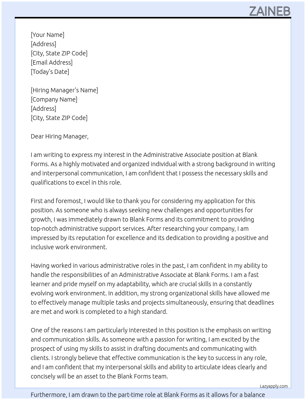 administrative associate At Blank Forms Cover Letter