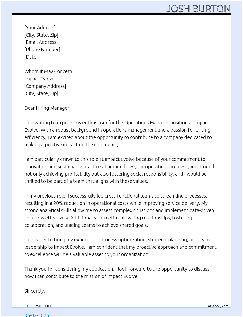 Operations manager At Impact Evolve Cover Letter