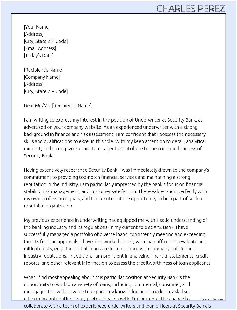 Underwriter At Security Bank Cover Letter