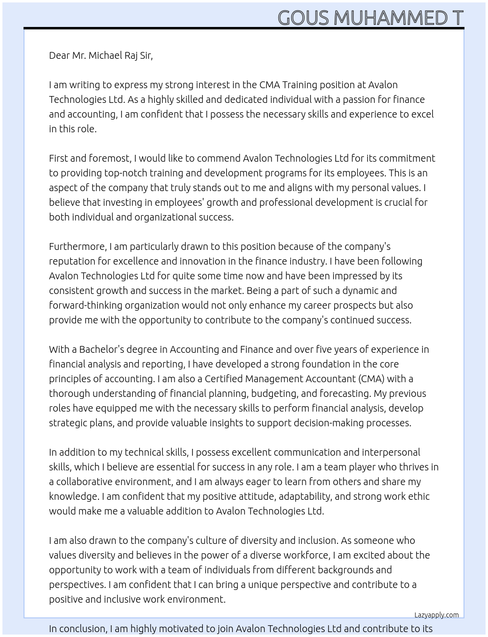 CMA Training At Avalon Technologies Ltd. Cover Letter