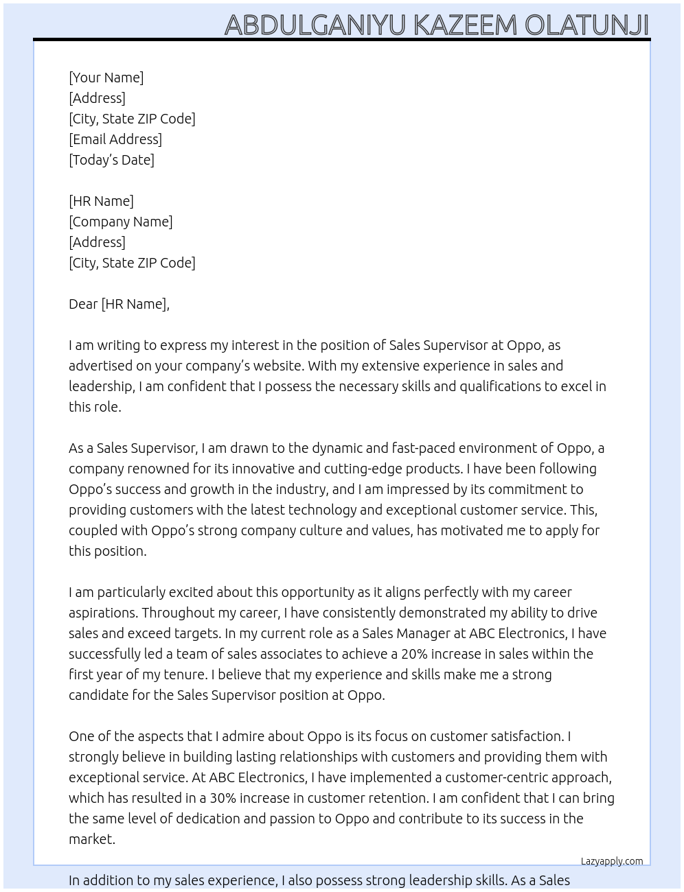 Sales Supervisor At Oppo Cover Letter