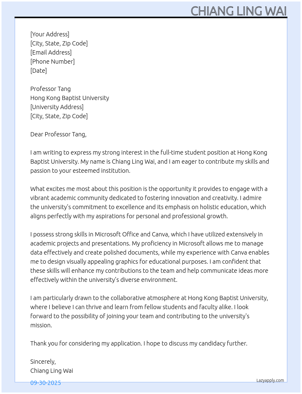 student At Hong Kong Baptist University Cover Letter