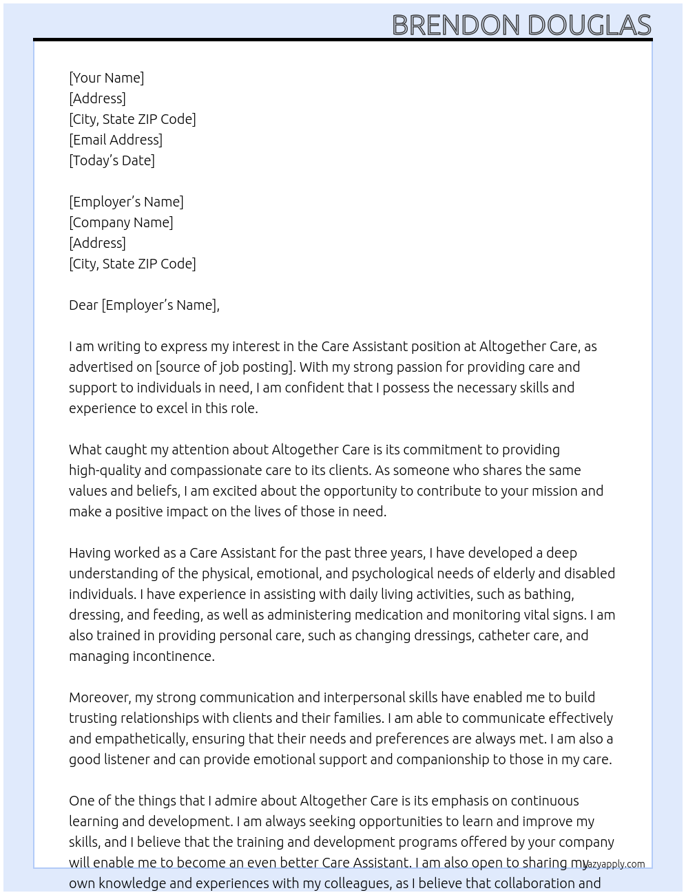 Care Assistant At Altogether Care Cover Letter