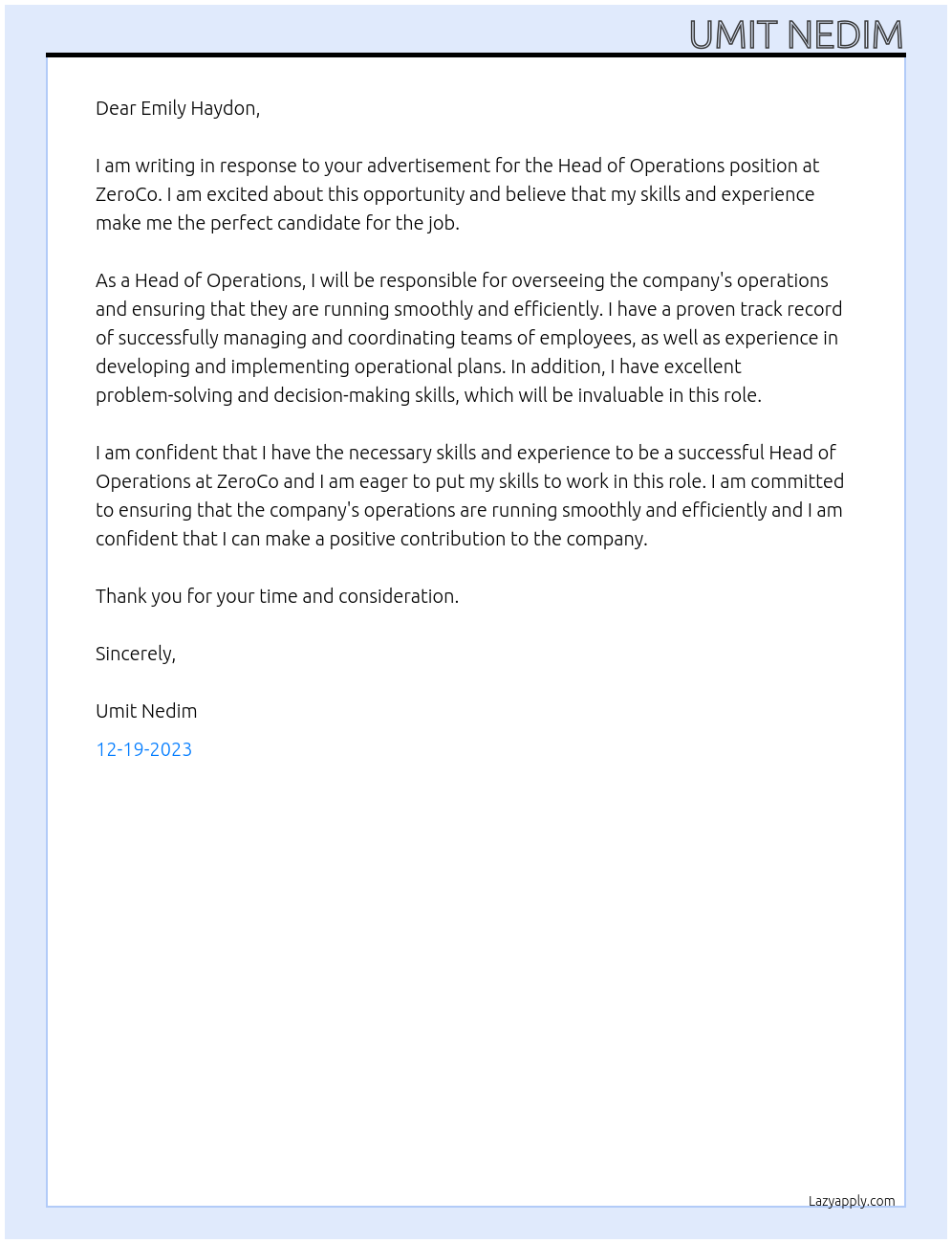 Head of Operations At ZeroCo Cover Letter