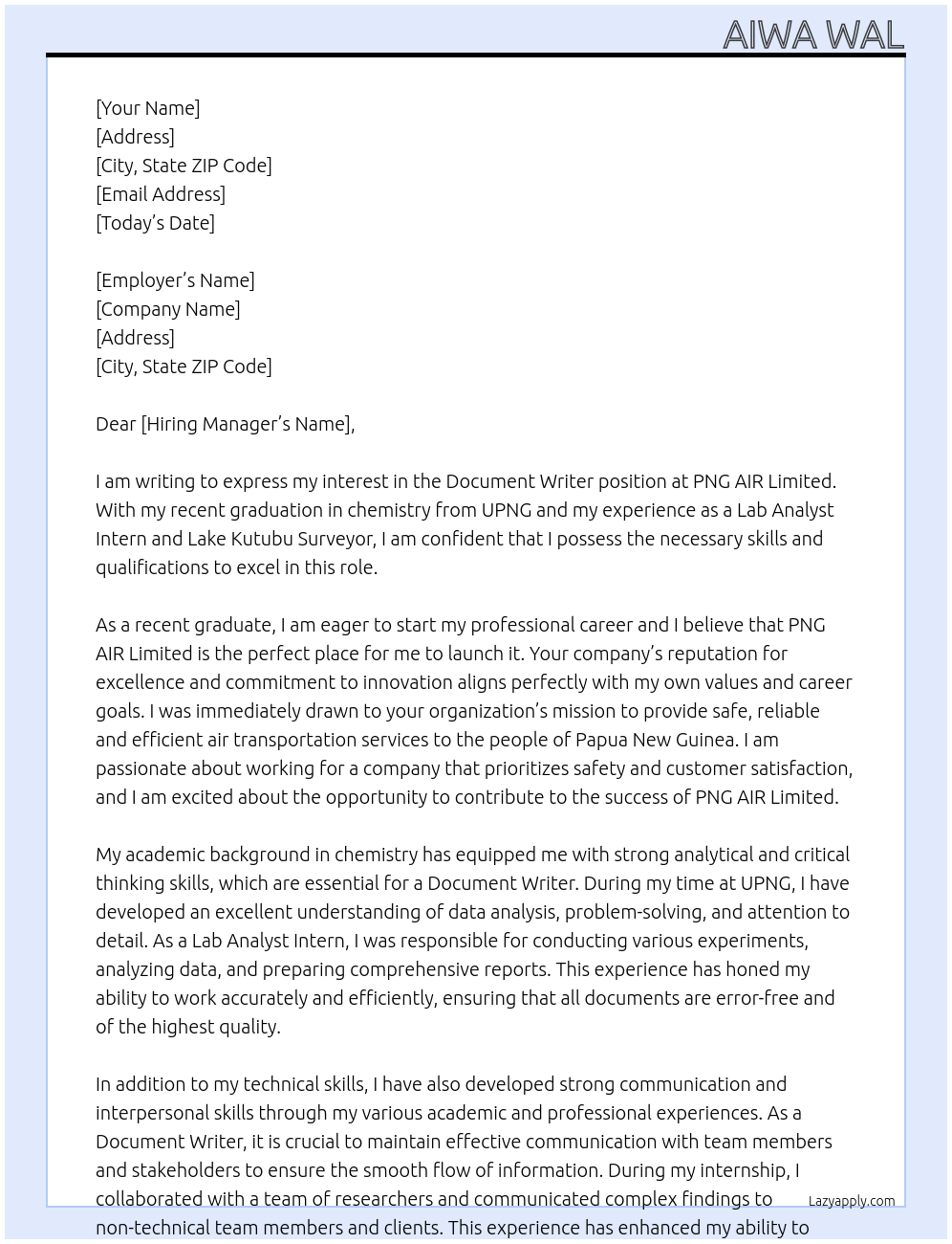 DOCUMENT WRITER At PNG AIR Limited Cover Letter