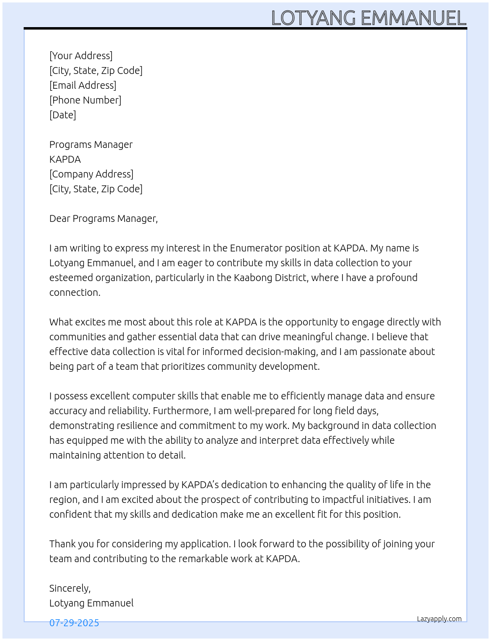 enumerator At KAPDA Cover Letter