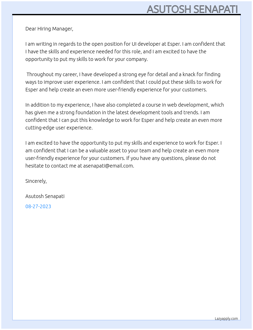 ui developer At esper Cover Letter