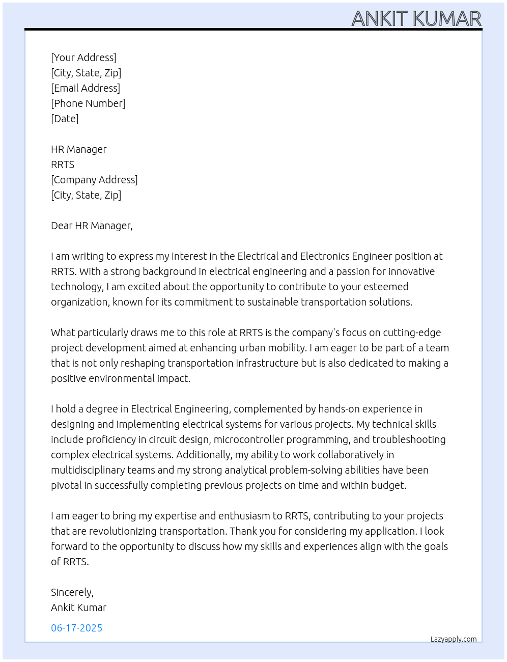 Cover letter for electrical and electronics engineer - LazyApply
