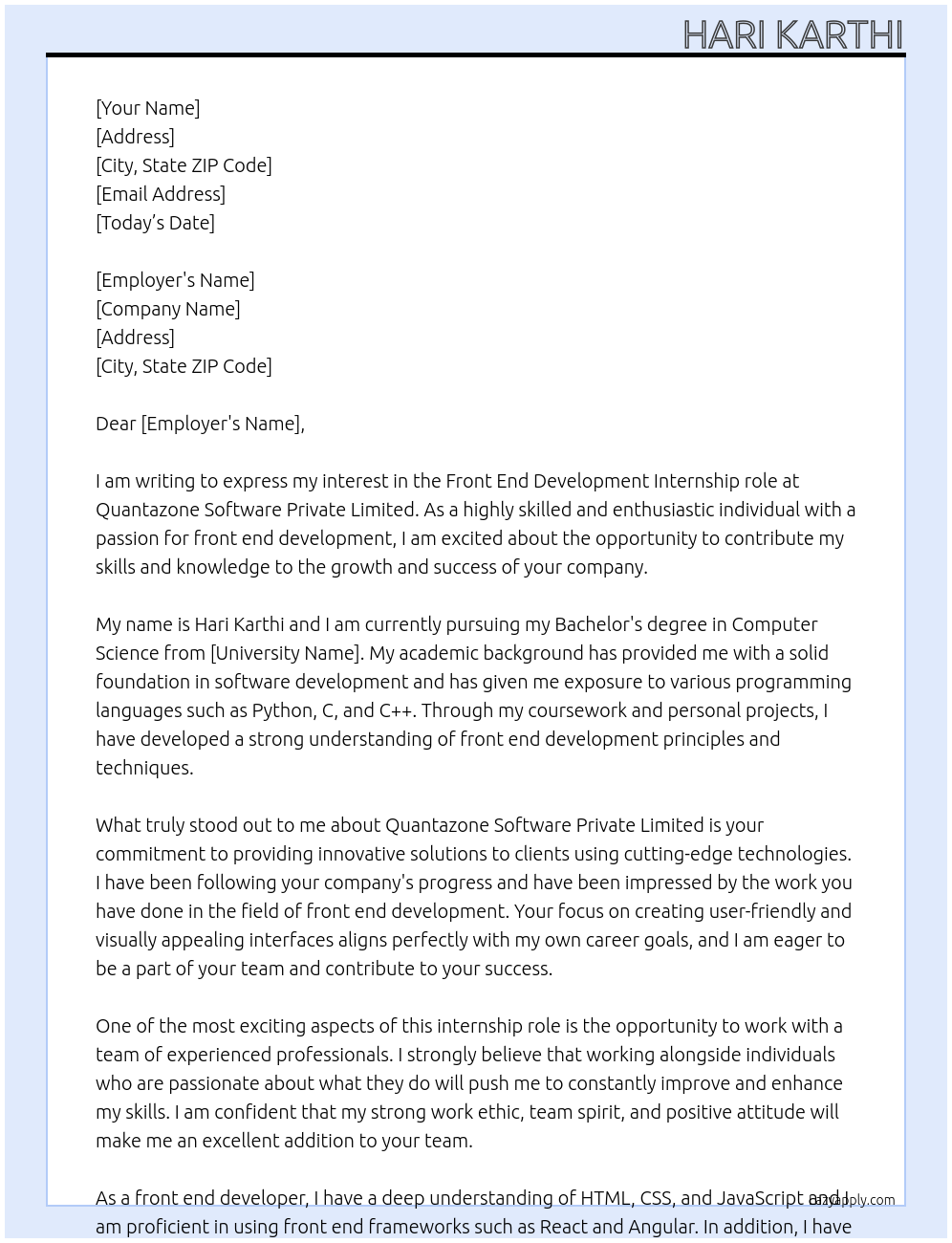 front end development At Quantazone Software private limited Cover Letter