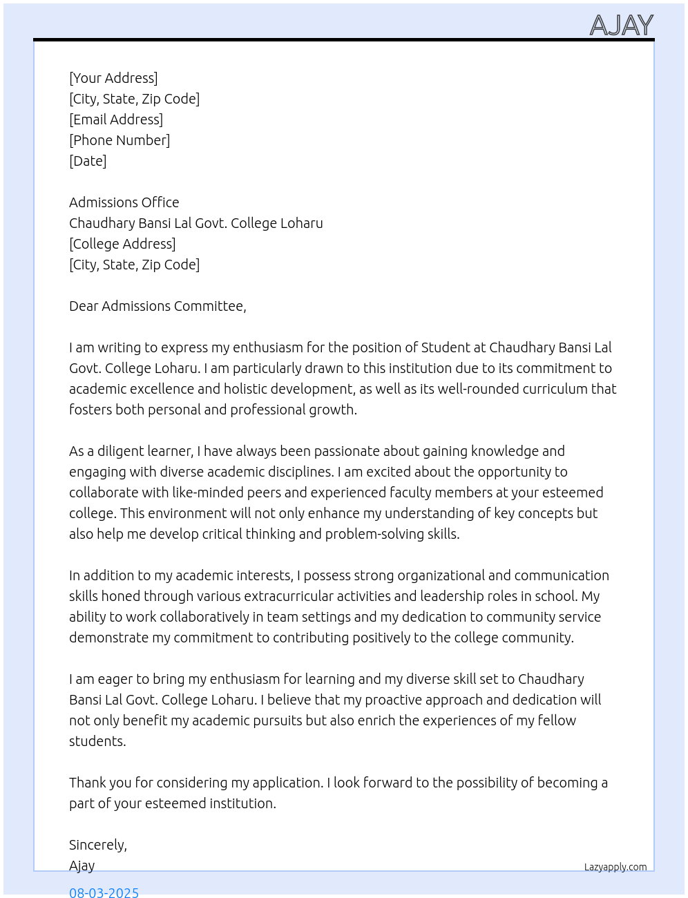 Student At Chaudhary Bansi Lal govt. College Loharu Cover Letter