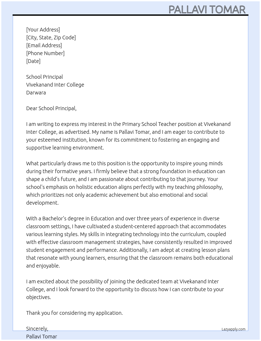 Primary school teacher At Vivekanand inter college, Darwara Cover Letter