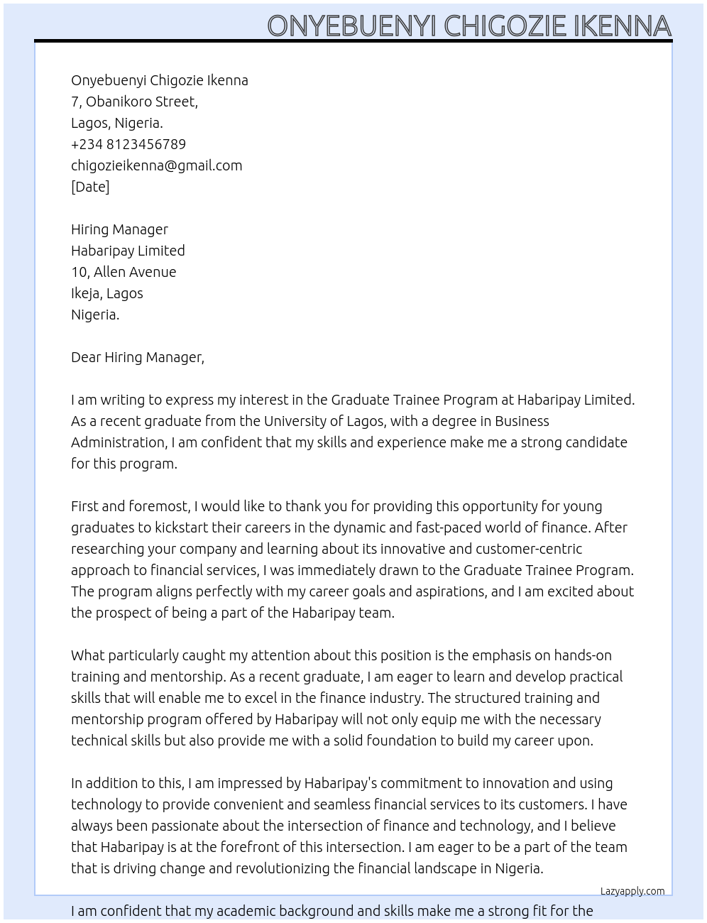 Graduate Trainee Program At Habaripay Limited Cover Letter