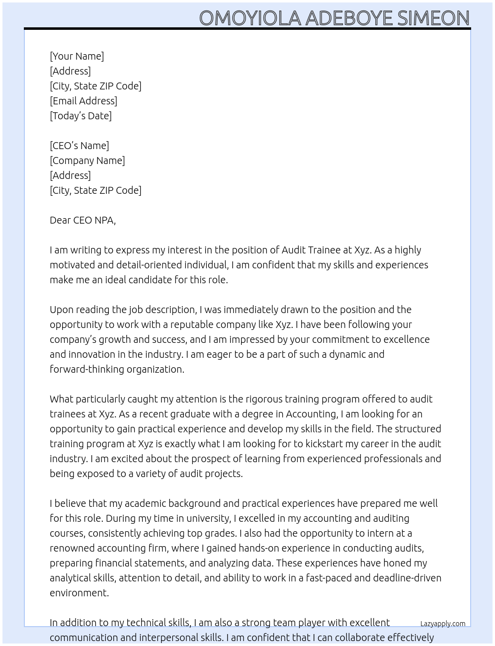 Audit trainee At Xyz Cover Letter