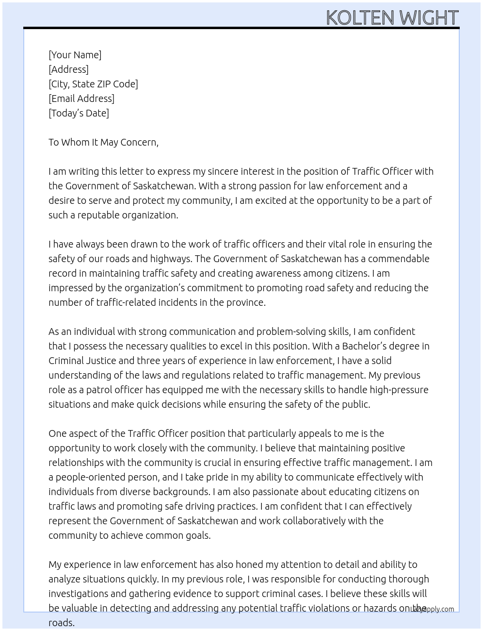 Traffic Officer At Government Of Saskatchewan Cover Letter