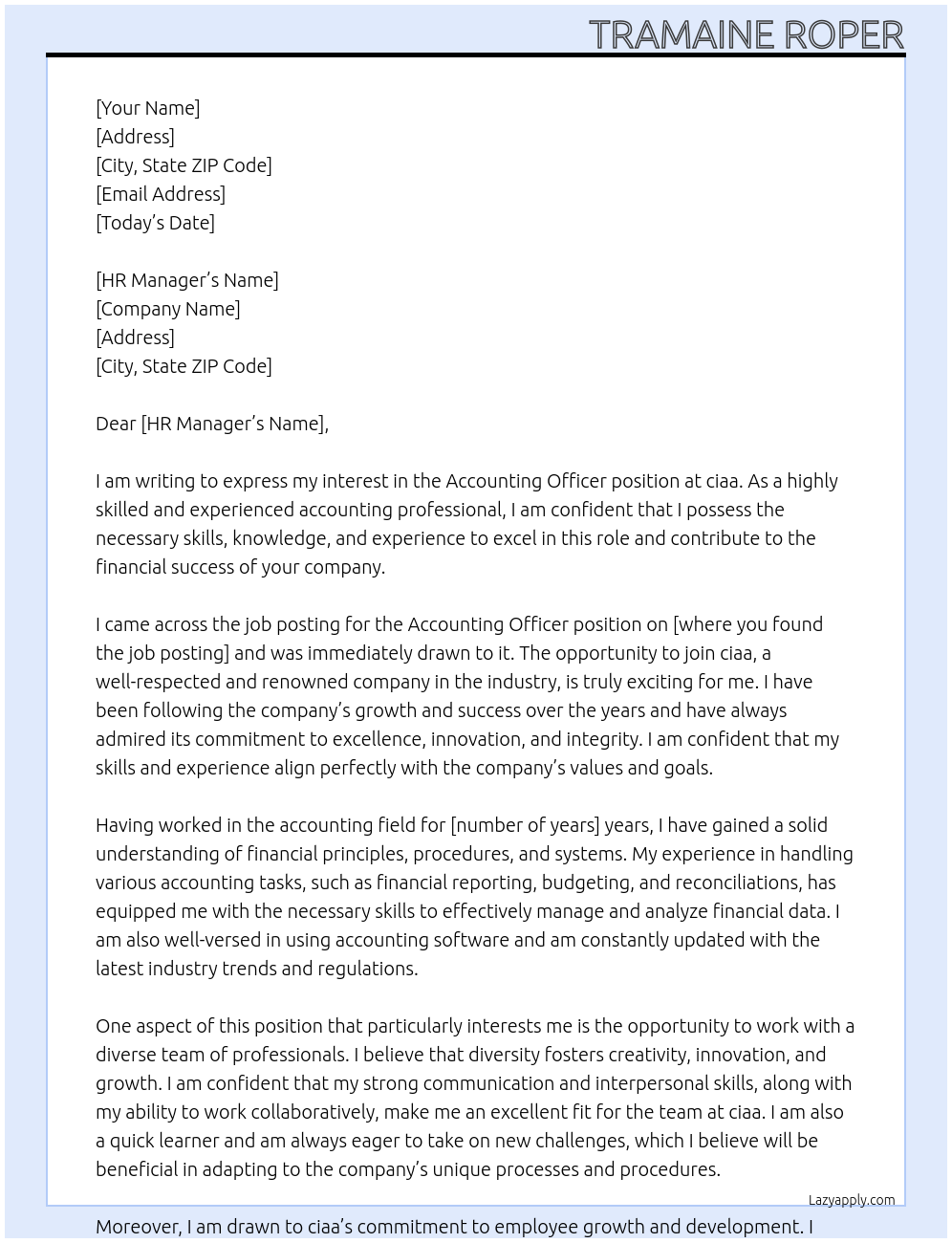 Accounting Officer At ciaa Cover Letter