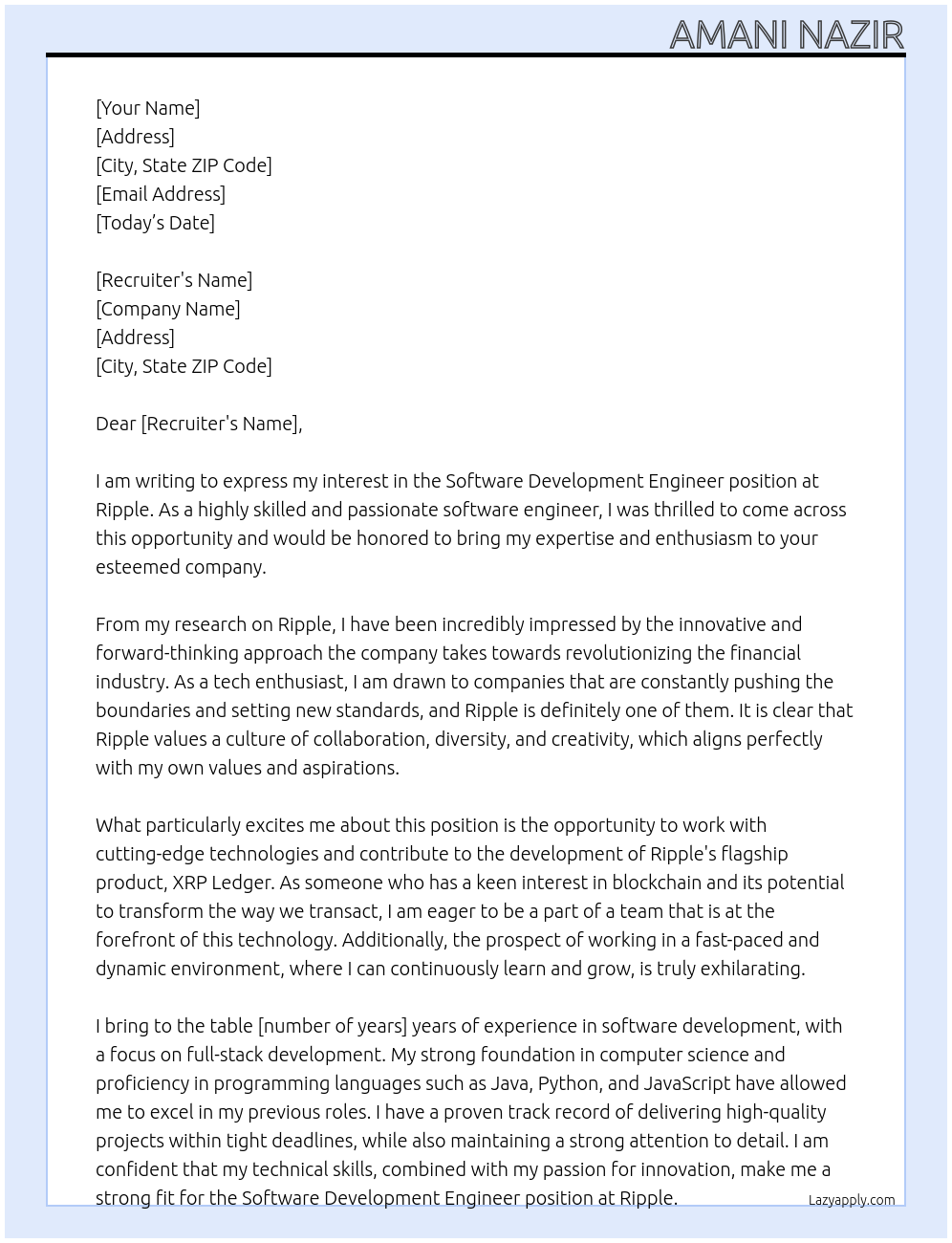 Software development Engineer At Ripple Cover Letter