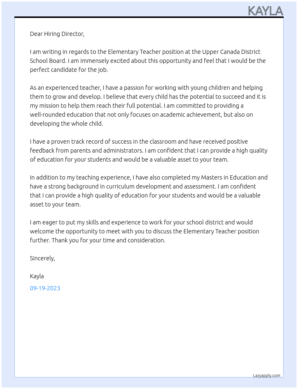 Elementary Teacher At Upper Canada District School Board Cover Letter