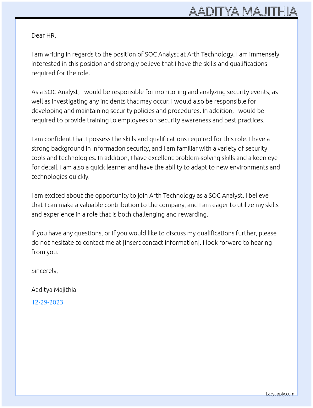 SOC ANALYSt At Arth Technology Cover Letter