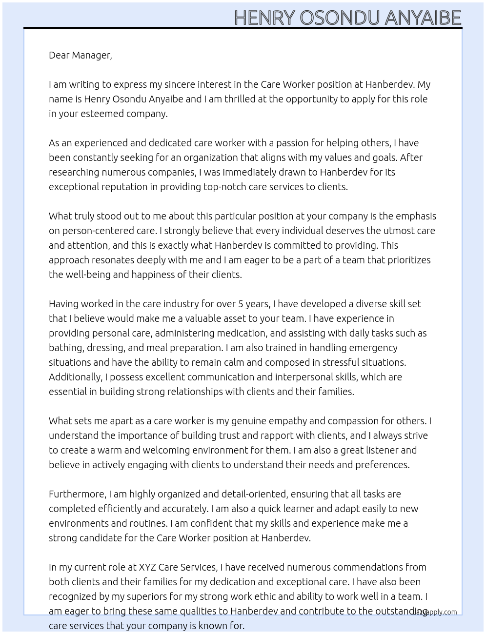 Care worker At Hanberdev Cover Letter