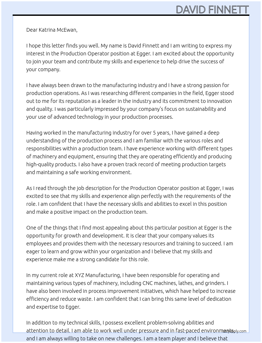 Production operator At Egger Cover Letter