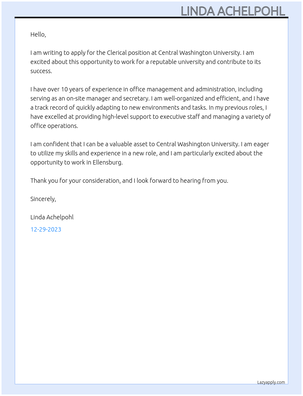 Clerical  At Central Washington University Cover Letter