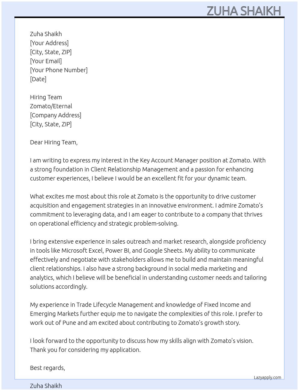 Key account Manager  At Zomato/Eternal  Cover Letter